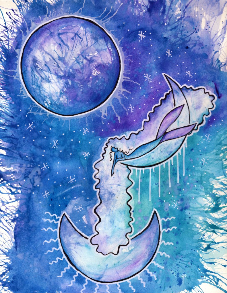 Watercolour and ink art of a mermaid in blues, purples, and teals. In the background is a planet and white ink stars, while the mermaid lies on a crescent moon, their hair and arm extending down to another crescent moon below.