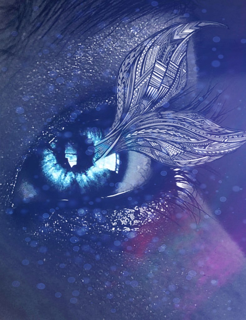 Close-up photograph of an eye in deep indigo blue, shimmering with water and bokeh sparkles, its iris a bright cyan. Extending from the pupil is an indigo linework mermaid tail, filled with various textures.