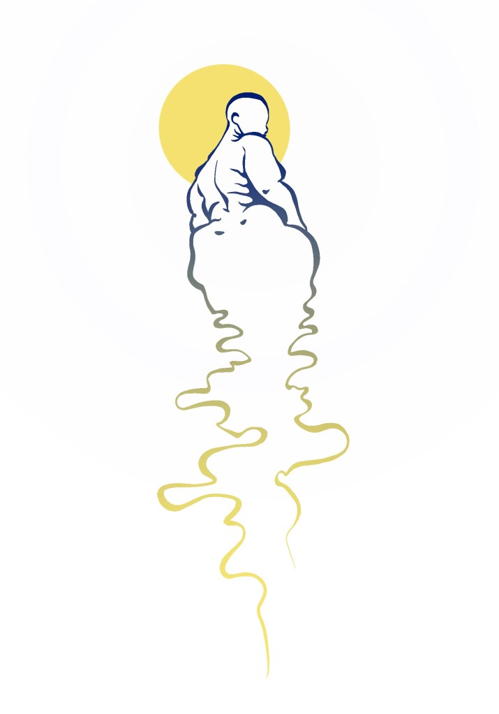 A full page digital illustration of a fat mermaid, in a minimalist style. The mermaid is seen from behind, looking over their right shoulder. Their bald head is framed by a solid gold, perfectly circular sun. As the path of the eye moves from the top of the page to the bottom, the color the mermaid is outlined in changes in a gradient and becomes looser, suggesting the mermaid is in water. The thick lines that outline the shape of the mermaid are dark blue, then after the top of the hips, becomes muted, pale green, and then, following the line of a tail, gradually becomes the gold color of the sun. The outline trails off, not closed at the bottom, suggesting the movement of a long tail.